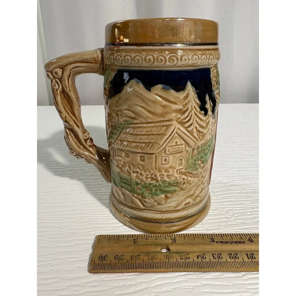 Vintage Ceramic Beer Stein Made in Japan Alpine Cabin Relief Scene Mug S0035